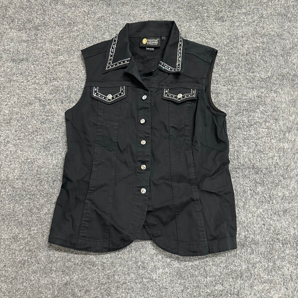 Christine Alexander Vest Womens Size L Black Rhinestone Western Cotton Stretch